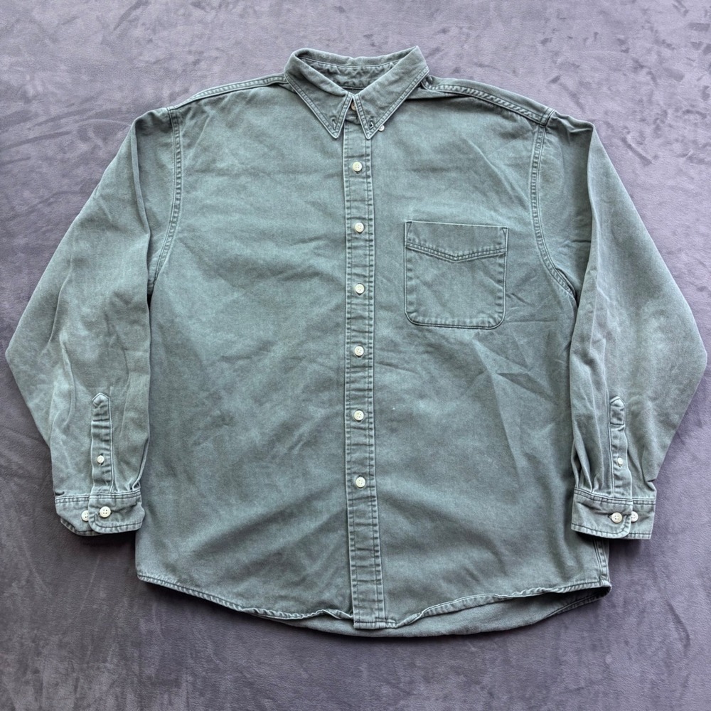 Eddie Bauer Mens Large Olive Green Cotton Canvas Button Down Long Sleeve Shirt